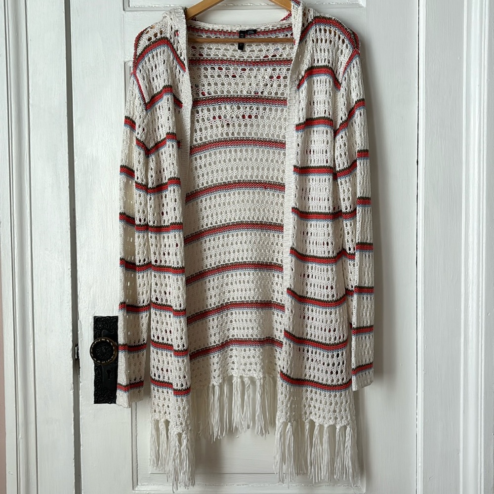 ETHYL CROCHET HOODED DUSTER CARDIGAN SWEATER